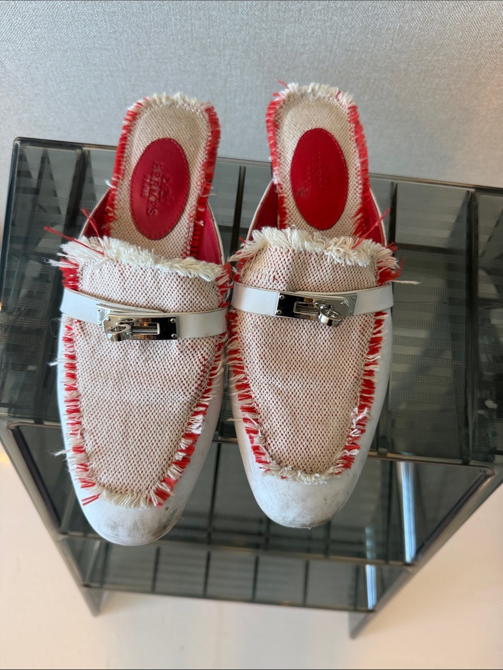 Fringed Slip-On Mules with Silver Buckle in Red and Cream